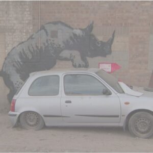 Banksy unveils rhino art that looks as though animal is climbing on a car